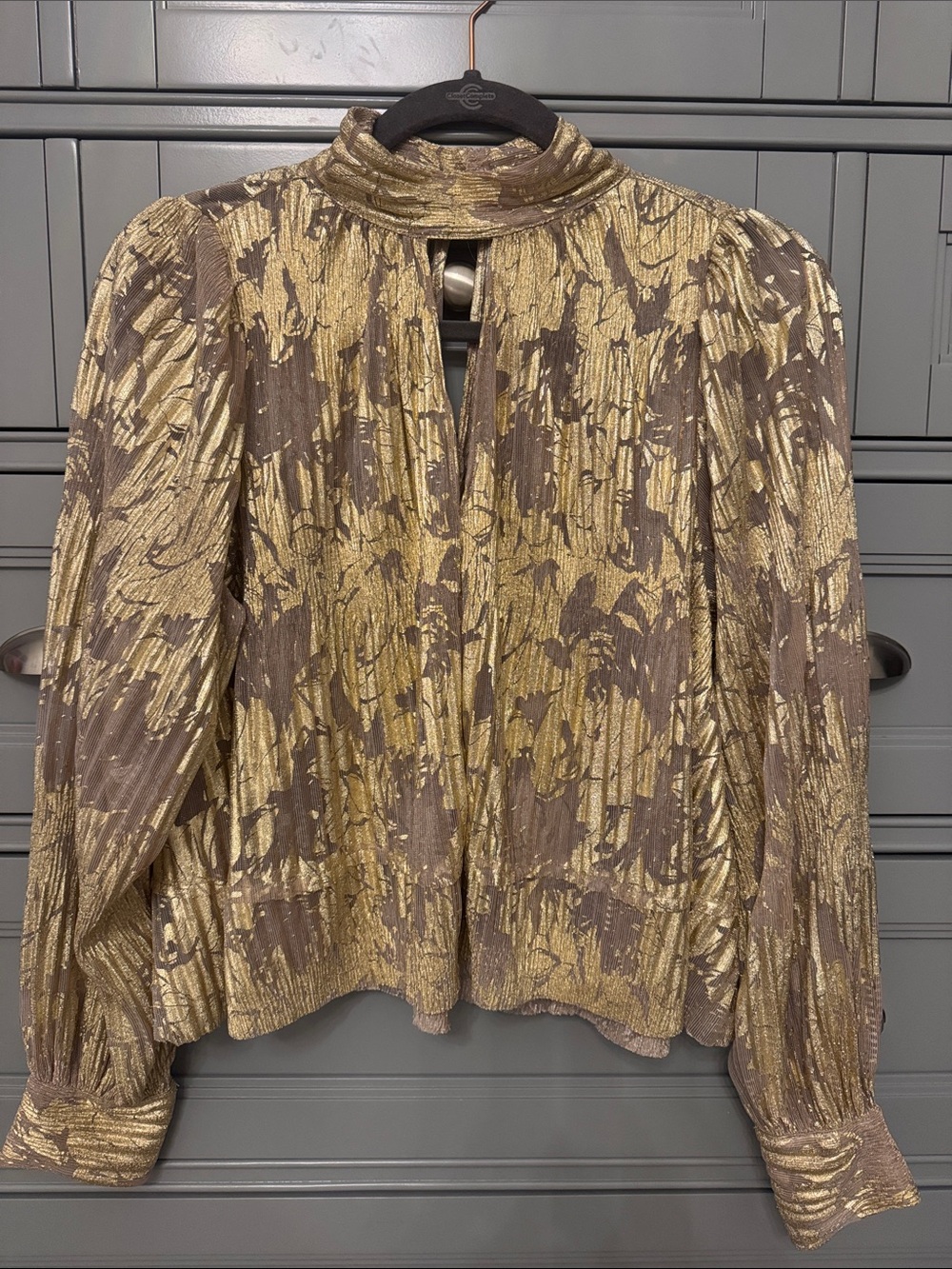 Maeve Metallic Gold and Taupe Mock-Neck Keyhole Blouse